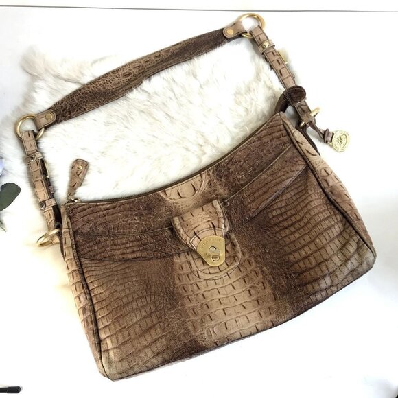 Brahmin Vintage Croc Leather Hobo Bag Brown Tan Harness Ring Medium - Picture 16 of 16